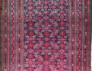 Description and origin: small-format carpet from Beshir type, with an unusual and attractive pattern. Very dense field with Herati and lancet leaves or Mahi patterns. Multiple narrow borders with various ornaments.

Condition: overall  ...