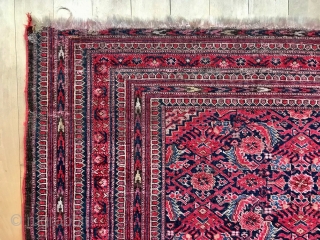 Description and origin: small-format carpet from Beshir type, with an unusual and attractive pattern. Very dense field with Herati and lancet leaves or Mahi patterns. Multiple narrow borders with various ornaments.

Condition: overall  ...