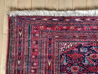 Description and origin: small-format carpet from Beshir type, with an unusual and attractive pattern. Very dense field with Herati and lancet leaves or Mahi patterns. Multiple narrow borders with various ornaments.

Condition: overall  ...