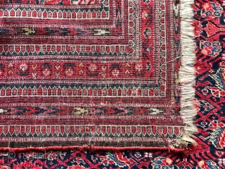 Description and origin: small-format carpet from Beshir type, with an unusual and attractive pattern. Very dense field with Herati and lancet leaves or Mahi patterns. Multiple narrow borders with various ornaments.

Condition: overall  ...