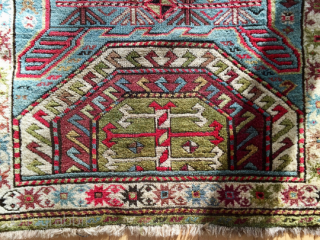 Origin and description: Caucasian carpet with traditional stars´ borders and a main field between Farchalo and Karachopf designs. Interesting dominance of green colour.

Age: around 100 years old.

Dimensions: 224 cm x 107 cm.

Condition:  ...