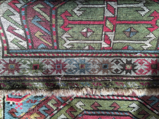 Origin and description: Caucasian carpet with traditional stars´ borders and a main field between Farchalo and Karachopf designs. Interesting dominance of green colour.

Age: around 100 years old.

Dimensions: 224 cm x 107 cm.

Condition:  ...