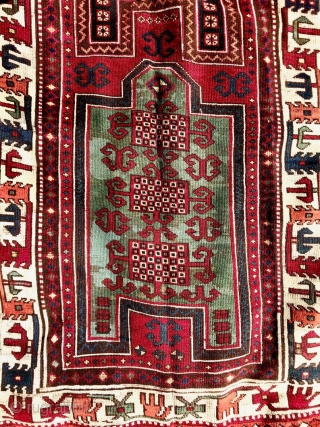 Origin and description: Yürück family prayer rug. East Anatolia, Turkey. Hand knotted. Wool on wool.

Dimension: 326 cm x 139 cm.

Age: end 19th century.

Condition: overall good condition, some professional repairs and repilling.  