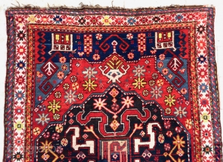 Origin and description: Karabagh rug, family of design "Chondzoresk", with one blue hexagonal medallion, the main white border with star chain design.

Dimensions: 207 cm x 134 cm.

Age: around 100 years.

Condition: overall very  ...