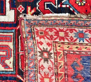 Origin and description: Karabagh rug, family of design "Chondzoresk", with one blue hexagonal medallion, the main white border with star chain design.

Dimensions: 207 cm x 134 cm.

Age: around 100 years.

Condition: overall very  ...