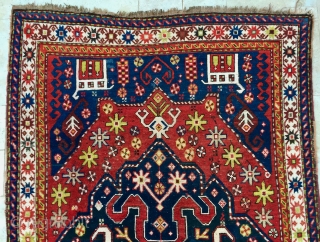 Origin and description: Karabagh rug, family of design "Chondzoresk", with one blue hexagonal medallion, the main white border with star chain design.

Dimensions: 207 cm x 134 cm.

Age: around 100 years.

Condition: overall very  ...