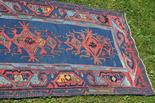Impressive Avar Kilim, ca. 530 x 151 cm, or 17ft 5in x 4ft 11in, Daghestan, late 19th century, bold design and especially archaic border, excellent colour incl. some beautiful petrol and yellow,  ...