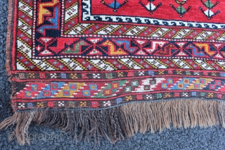 Afshar inspired Khamseh pomegranite rug. 19th century to 1900. Size 3'8" x 2'8". Both endings and sides complete. One end with sumack finish. This is a small format rug not a bagface.  ...