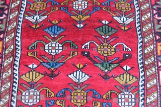 Afshar inspired Khamseh pomegranite rug. 19th century to 1900. Size 3'8" x 2'8". Both endings and sides complete. One end with sumack finish. This is a small format rug not a bagface.  ...