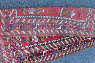 Afshar inspired Khamseh pomegranite rug. 19th century to 1900. Size 3'8" x 2'8". Both endings and sides complete. One end with sumack finish. This is a small format rug not a bagface.  ...