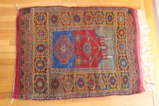 Small Turkish prayer rug early 20th century. Size is 3'11 x 2'9". The rug was left un-sheared as if meant to be used as a child's sleeping rug. Whatever the reason it  ...