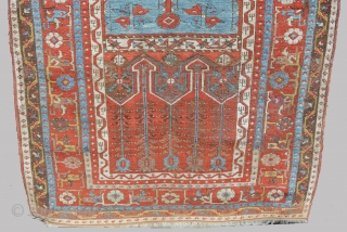 Beautiful Ladik Prayer 4'1" x 6'9", dated 1270/1853. Spacious and well drawn design with wonderful old colors, aubergene, yellow, green, light blue and saturated reds. Classic motifs with beautifully formed Tulips and  ...