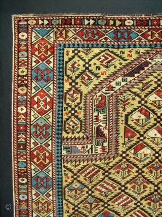 GREAT RARE YELLOW FIELD ANTIQUE CAUCASIAN MARASALI SHIRVAN PRAYER RUG

Classic textbook design with 100% natural dyes. It possesses evenly low allover pile condition to the tops of the knots. Minor repairs to  ...