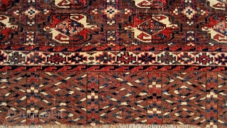 Yomud chuval with interesting colorful elem and unusual secondary guls.  45" x 26".  Overall wear with foundation peeking through, all natural dyes.  Pictures (taken in bright sunlight) speak for  ...