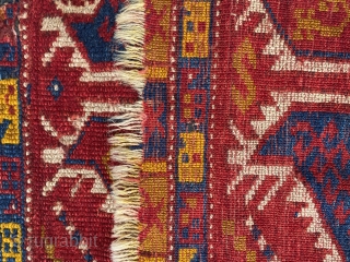 SOLD Turkish Yastik. Colorful and graphic design. Pleasing piece for the back of a chair! The red has transferred a bit in places to the white warp, but no bleeding in the  ...