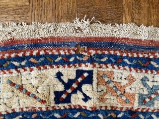 Sold Turkish Dobag-type rug with some age. Beautiful dyes as you can see. A small hole about 1.5”. Size: 64” X 56”. This is a hard to find piece nowadays! $450 plus  ...