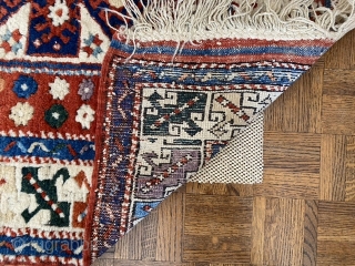 Sold Turkish Dobag-type rug with some age. Beautiful dyes as you can see. A small hole about 1.5”. Size: 64” X 56”. This is a hard to find piece nowadays! $450 plus  ...