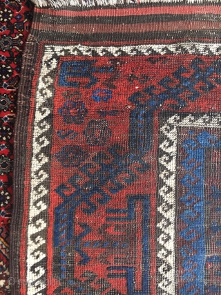 Electric blue Baluch with graphic large scale design. 58" X 33." Sides are 100% good! Wear. Inexpensive.                