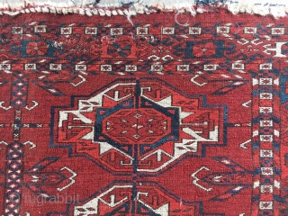 SOLD!! This Tekke six gul torba is beautifully drawn and very old, easily c. 1850. It measures 42" X 15" and has 13 kpi horizontal and 22 vertical, 286 kpi. It has  ...