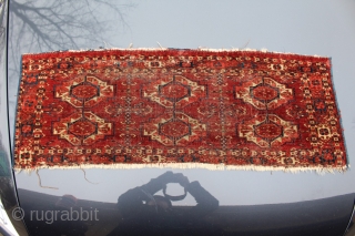 SOLD!! This Tekke six gul torba is beautifully drawn and very old, easily c. 1850. It measures 42" X 15" and has 13 kpi horizontal and 22 vertical, 286 kpi. It has  ...