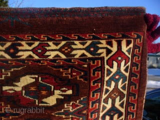 Yomud group chuval with tremendous color and wool quality. Admired by top collectors! Symmetric noting. Very fine dark brown weft. Natural dyes. Good age and condition.  SOLD!     