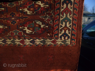 Yomud group chuval with tremendous color and wool quality. Admired by top collectors! Symmetric noting. Very fine dark brown weft. Natural dyes. Good age and condition.  SOLD!     