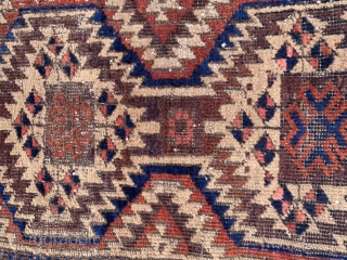 Baluch rug minus the borders. Great visual and tactile appeal. Natural dyes. Brown corrosion from iron oxide mordant. About 48” long by 16”. $200 including shipping in country.     