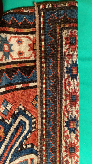 SOLD! Antique Caucasian Long Rug in bold and colorful design. Full pile. Natural dyes including blue-green and gold. 4’3” X 8’6”            