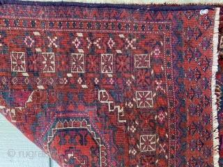 SOLD Antique Tekke Chuval: very finely knotted and fine detail. Intense color including cochineal based. One synthetic red which hasn’t affected adjacent colors. 47” x 27”. Good condition with some areas of  ...