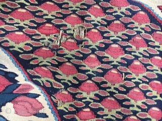 Sold Bijar kilim, c.1900 on cotton warp. 44”X58”. Has two areas of missing weft. See pictures. Good color. Inexpensive!              