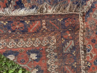 Sold!  Khamseh rug or Bagface of unusual proportion and quality. The quatrefoil motif in the 4 corners is repeated in the center medallion. Awesome! The dyes are stellar. The wool is  ...