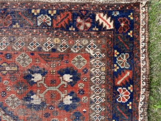 Sold!  Khamseh rug or Bagface of unusual proportion and quality. The quatrefoil motif in the 4 corners is repeated in the center medallion. Awesome! The dyes are stellar. The wool is  ...