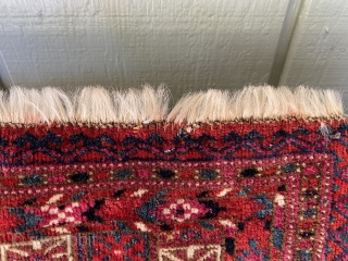 Sold! Lovely Tekke chuval with brilliant dyes and design. Circa 1900 or earlier. Great piece. Tiny amount of dye transfer onto warp as seen in last photo. Could still be natural dye,  ...