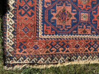 Sold! Nice old Baluchi. 36” x 60”. Good pile but corroded brown. Great wool and natural dyes including salmon red. $150            