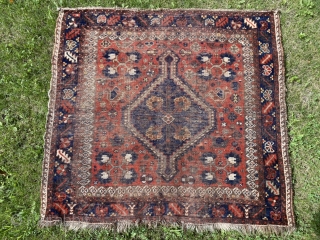 Sold!  Khamseh rug or Bagface of unusual proportion and quality. The quatrefoil motif in the 4 corners is repeated in the center medallion. Awesome! The dyes are stellar. The wool is  ...