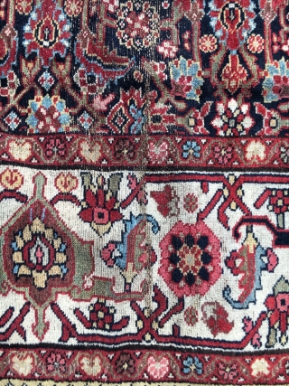 Sold Antique Bakhtiari rug with natural dyes and all wool foundation. Areas of wear and a crease or two. No holes, or smells. About 5' X 4'. Has a small faded area  ...