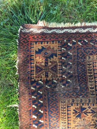 SOLD! Antique Baluch Prayer Rug with tree of life design. Camel hair field, with good quality weft-float end finish and some selvage remaining. Corrosion of dark brown dye, as often found in  ...