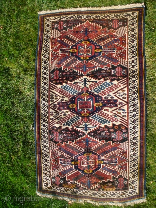 Seichour Kuba! Excellent colors and condition. 72" X 45".  Probably pre-1900, judging from the dyes. The dark blue/black is somewhat corrosive in one corner leading to minor pile loss. Ends and  ...