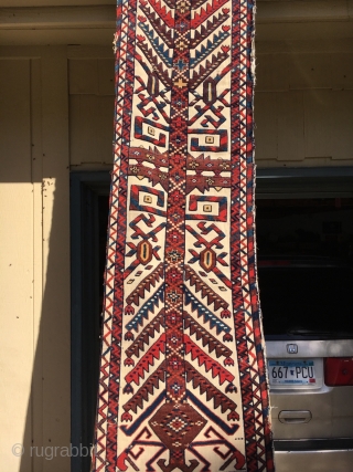 A tour de force of Turkoman weaving with Yomud influence. 10' X 18" with both handspun cotton and wool shots of weft. Awesome array of color. Washed and ready for your wall!  ...