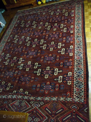 Antique Yomud Main Carpet: Excellent Christmas gift. 9'3"X5'5". 11H X 14V = 140 kpi. Camel hair warp. Some cotton in weft? [see pic]. SOLD!         