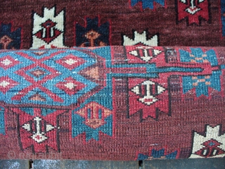 Antique Yomud Main Carpet: Excellent Christmas gift. 9'3"X5'5". 11H X 14V = 140 kpi. Camel hair warp. Some cotton in weft? [see pic]. SOLD!         