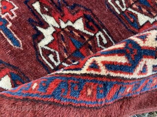 SOLD!!Colorful, large, and beautiful Yomud chuval. 4’1” X 2’10”.  144 kpi. Super nice blue green, dark navy, natural brown, and no dye transfer in the red as can be seen. Full  ...