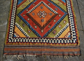 Qashqai kilim with strong graphics and excellent saturated colors. Size 148 x 270 cm/ 59 x 108 inches. Generally in very good condition, only one tiny hole in a kilim end, a  ...