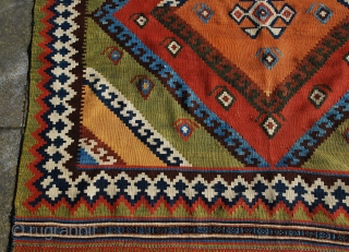 Qashqai kilim with strong graphics and excellent saturated colors. Size 148 x 270 cm/ 59 x 108 inches. Generally in very good condition, only one tiny hole in a kilim end, a  ...