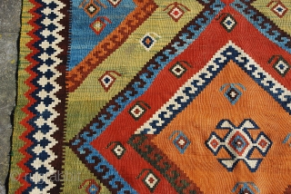 Qashqai kilim with strong graphics and excellent saturated colors. Size 148 x 270 cm/ 59 x 108 inches. Generally in very good condition, only one tiny hole in a kilim end, a  ...