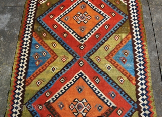 Qashqai kilim with strong graphics and excellent saturated colors. Size 148 x 270 cm/ 59 x 108 inches. Generally in very good condition, only one tiny hole in a kilim end, a  ...
