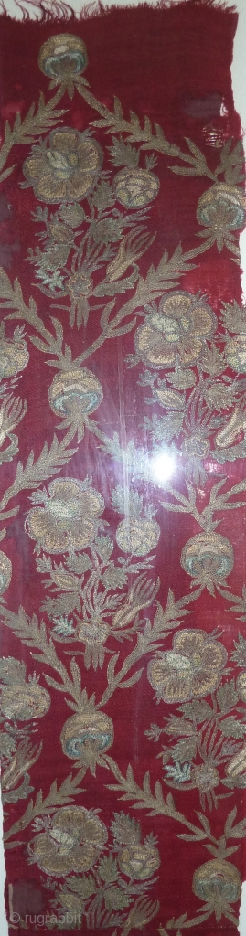 Very high quality ottoman embroidery, 18th. cent., 180 x 35 cm, consisting of three pieces which are framed together, it might be possible to put them together as a square   
