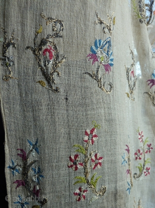 Beautiful and rare Algerian silk and metal thread embroidered shawl, very unusual design, lovely colours, 18th./ early 19th. cent., 280 x 30 cm, 9.2 ft x 1 ft.     