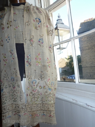 Beautiful and rare Algerian silk and metal thread embroidered shawl, very unusual design, lovely colours, 18th./ early 19th. cent., 280 x 30 cm, 9.2 ft x 1 ft.     