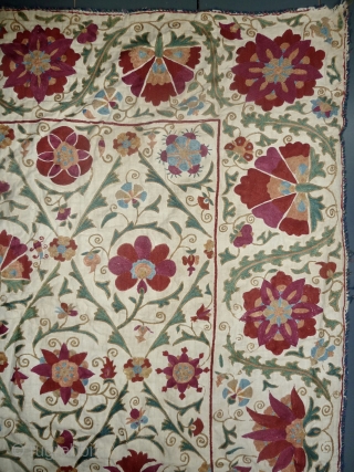 Lovely fine antique Kermina susani, large variety of colours including apricot, all done in fine chain stitch, beautiful variations in the motives, 229 x 158 cm, 90.1 x 62.2 inch. just in,  ...